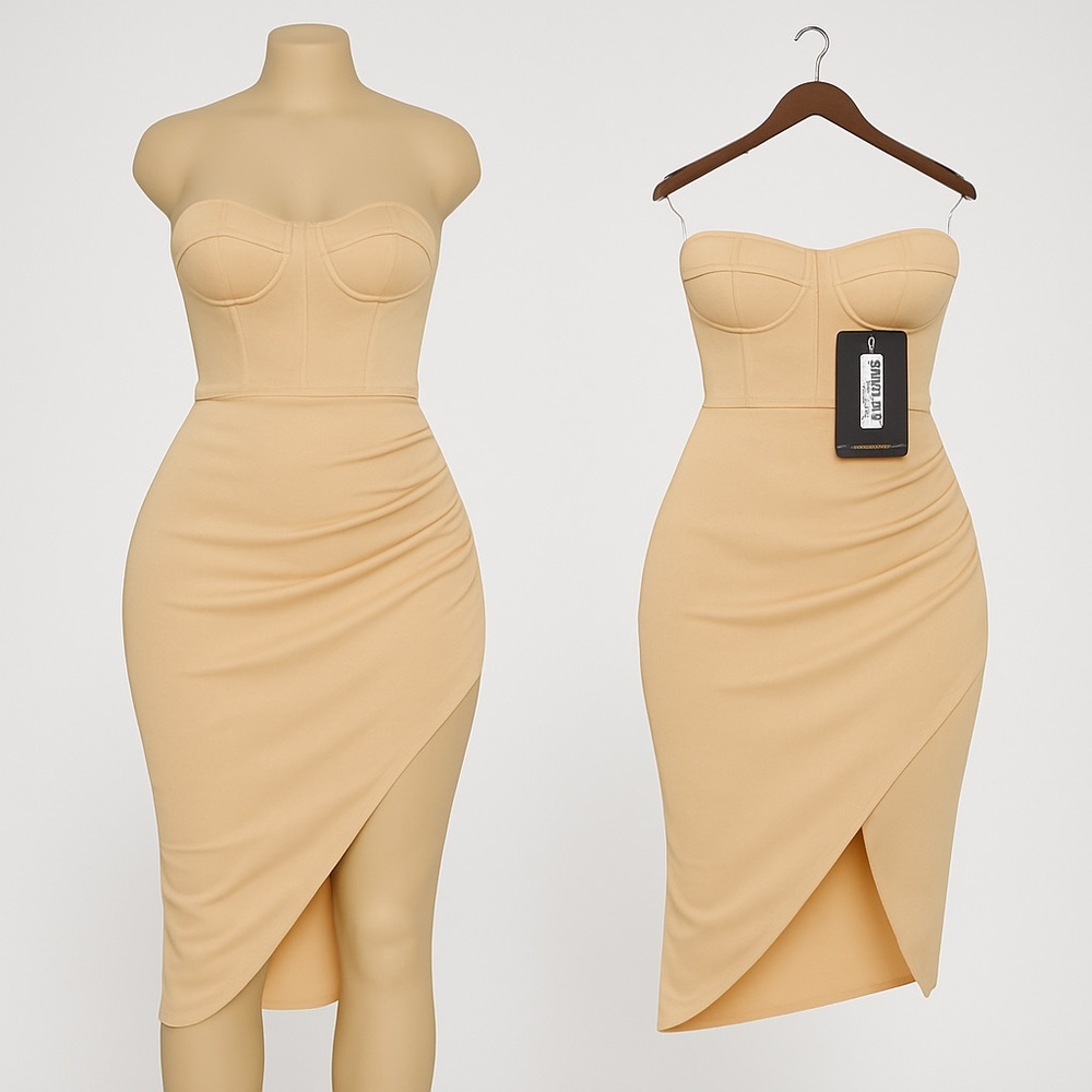 Plus Nude Cup Detail Chiffon Drape Bodycon Dress